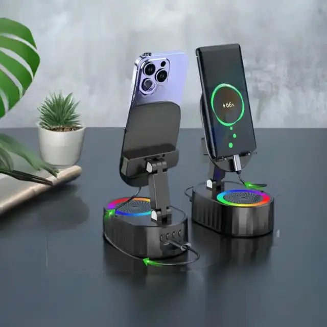 Altavoz Bluetooth con iluminación y soportes de carga inalámbrica para teléfonos