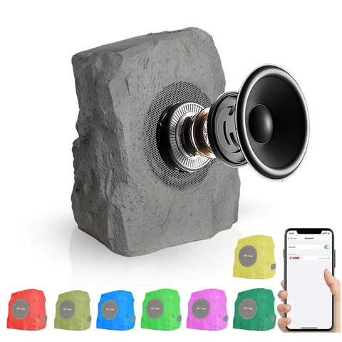 Altavoz Bluetooth para exteriores en forma de roca con vista explodida de sus componentes