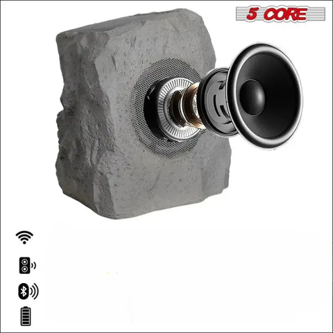 Altavoz Bluetooth Rocksync para exteriores con forma de roca y componentes expuestos