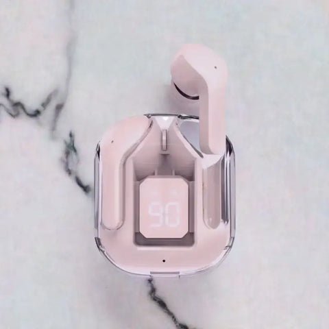 Auriculares Bluetooth capsula rosa en estuche transparente, tecnología electrónica avanzada