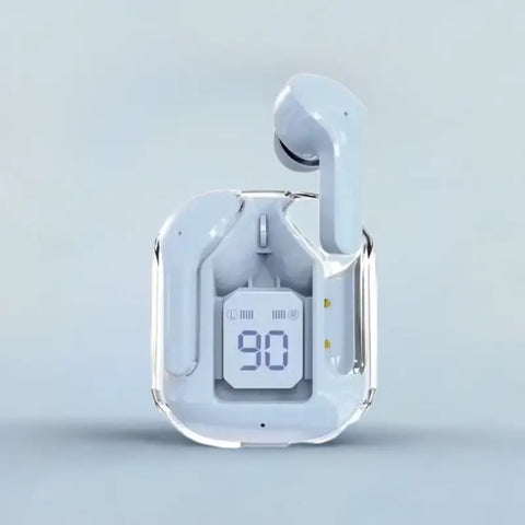 Auriculares Bluetooth capsula blancos con cargador transparente y pantalla digital