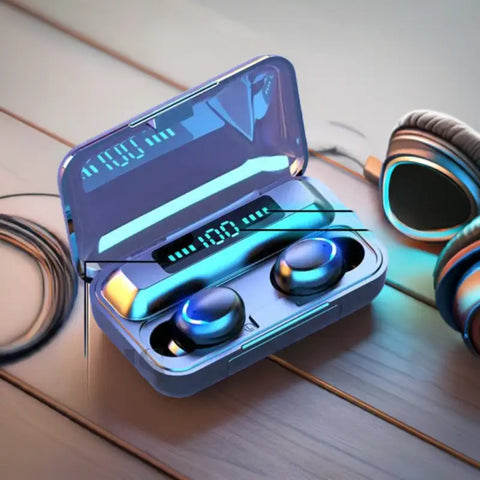 Auriculares Bluetooth F9-6 con estuche de carga abierto y diseño elegante
