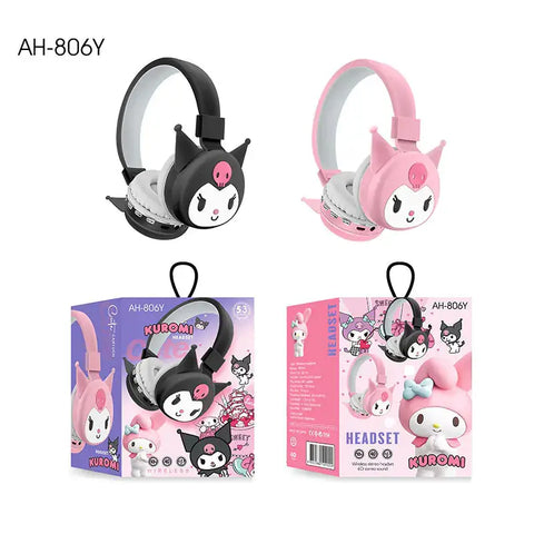 Alt text de auriculares bluetooth Kuromi con personaje Kuromi en empaque para niños