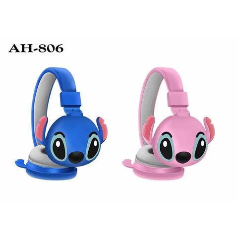 Auriculares Bluetooth Stitch para niños en colores azul y rosa con diseño kawaii