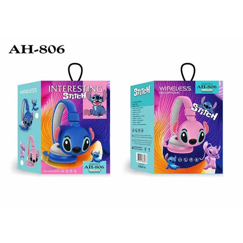 Imagen de dos cajas de auriculares bluetooth Stitch para niños, diseño kawaii y colorido