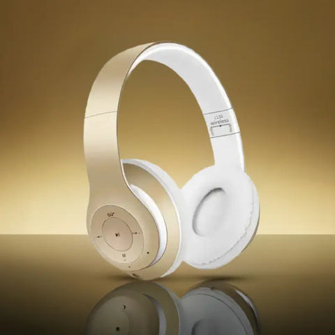 Imagen de auriculares bluetooth para gaming dorados y blancos con micrófono