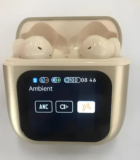 Auriculares inalámbricos Bluetooth dorados con pantalla digital