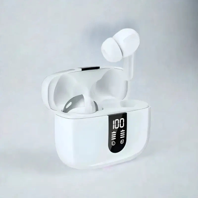 Auriculares inalámbricos Bluetooth en estuche de carga, producto de electrónica
