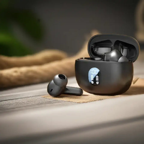 Auriculares negro con estuche con pantalla