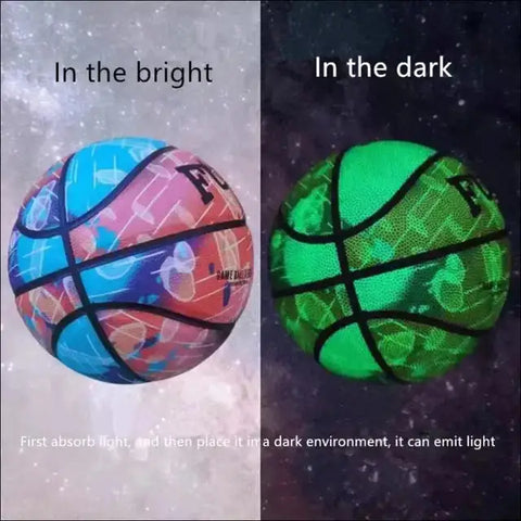 Balón de baloncesto que brilla en la oscuridad con patrones geométricos coloridos y verde
