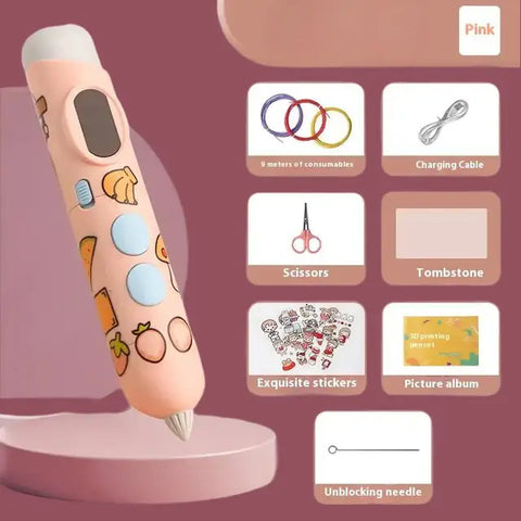 Bolígrafo de dibujo 3D rosa con accesorios para crear diseños en 3D