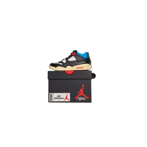 Imagen de una funda para tus Apple AirPods Pro con diseño de Air Jordan 4 en blanco y negro y acento azul
