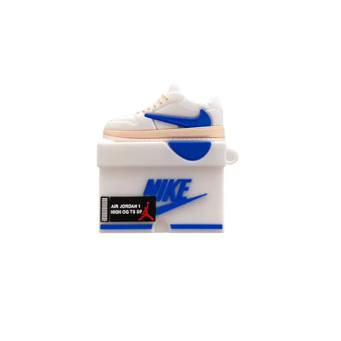 Funda de zapatilla blanca para Apple AirPods Pro con acentos azules y base de caja