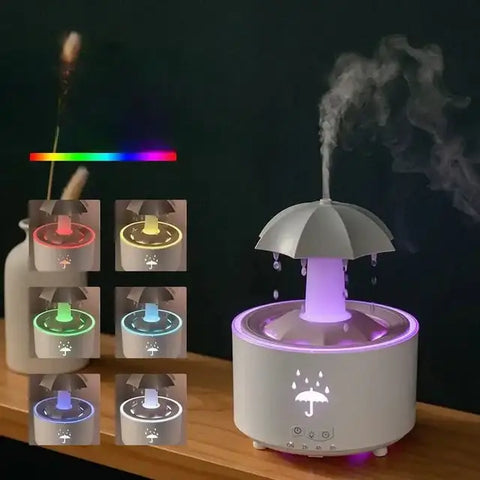 Humidificador y difusor para aceites esenciales con forma de sombrilla y luces de colores