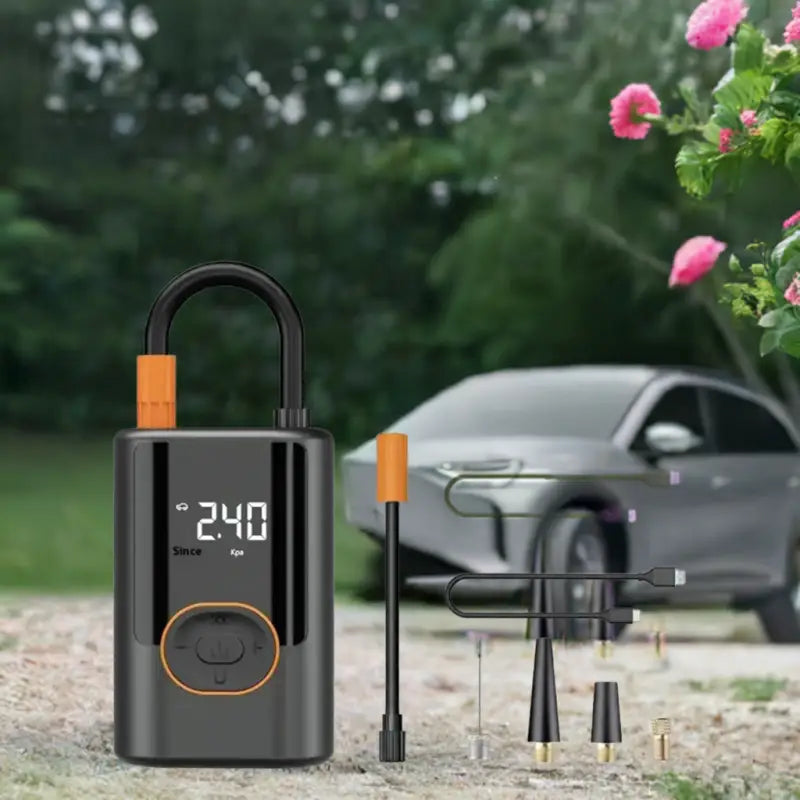 Alt text para inflador automático de coche, compacto y electrónico con accesorios
