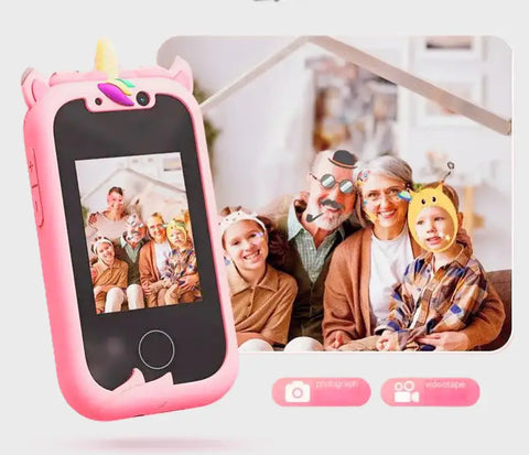 Imagen del teléfono infantil rosa unicornio KiddoCall™️ con cámara y pantalla táctil