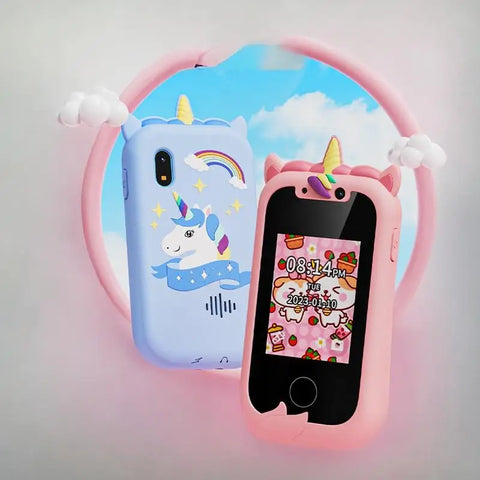 Teléfonos infantiles rosa unicornio Kiddocall™️ con pantallas táctiles y fundas de unicornio