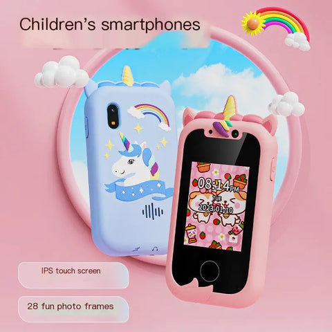 Teléfono infantil rosa unicornio KiddoCall™️ con pantalla táctil y marcos divertidos