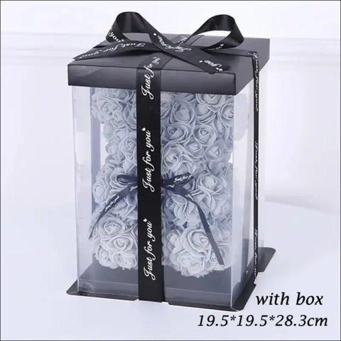 Caja regalo transparente con oso de rosas y cinta negra para San Valentín