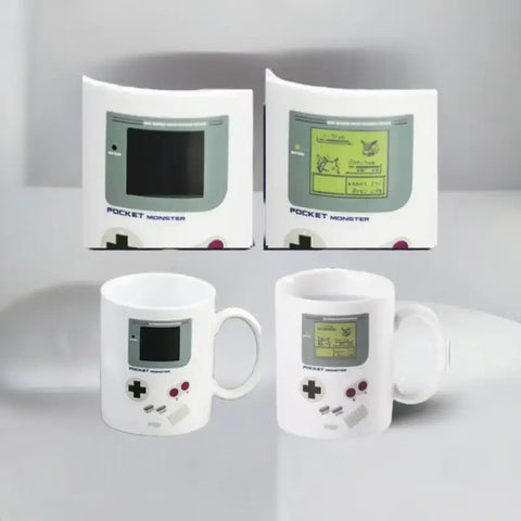 Imagen de tazas Game Boy con diseño electrónico y elementos de audio