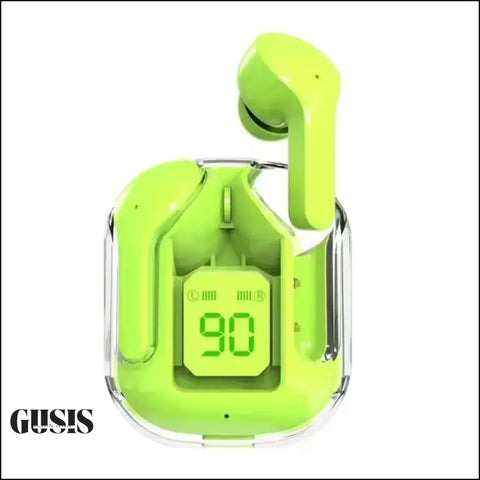 Auriculares Bluetooth cápsula lima-verde con carga portátil y diseño compacto
