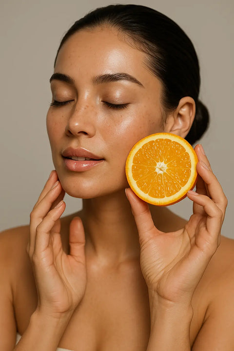 Mujer con piel radiante y naranja, promoviendo limpieza facial y bienestar en casa