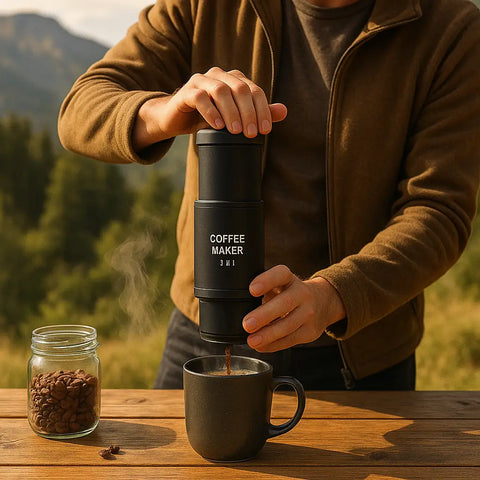 Cafetera portátil 3 en 1 negra con agarre texturizado para café molido en cualquier lugar