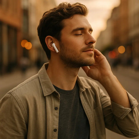 Auriculares inalámbricos blancos cómodos para largas horas con diseño elegante