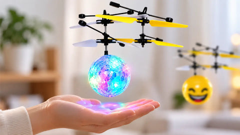 Bola voladora led con luces multicolor y hélices amarilla y blanca realizando vuelo estacionario.
