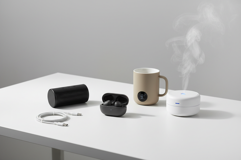 Imagen con auriculares, altavoz humidificador y taza inteligente