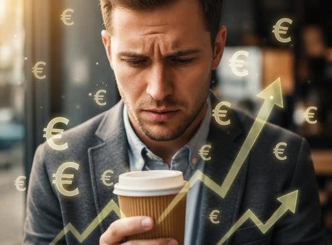 Vaso de café de papel marrón con tapa blanca que muestra cuánto dinero estás gastando cada día en café fuera.