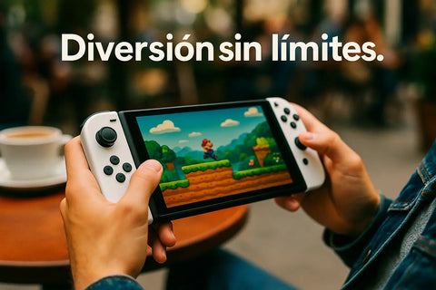 Una persona jugando con una consola portátil en una cafetería o al aire libre, con fondo desenfocado.