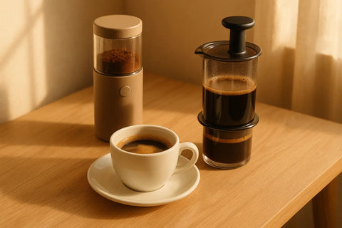 taza con cafe y molinillo