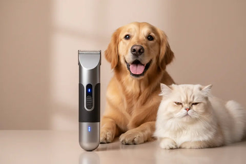 Cortapelos recargable plateado y negro con luces LED azules para mascotas