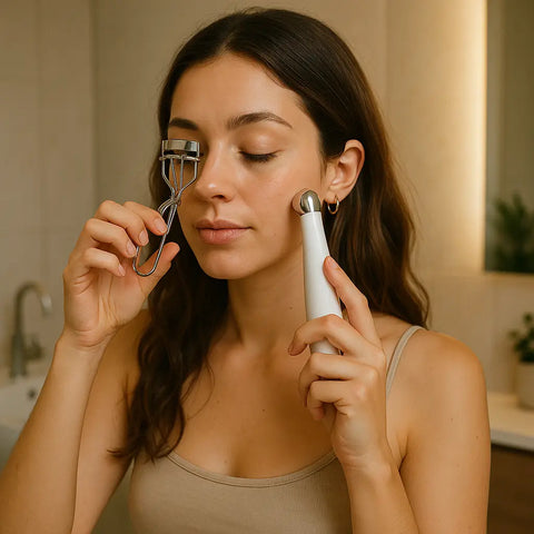 Masajeador facial eléctrico blanco con diseño elegante y bordes redondeados.