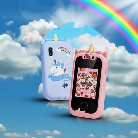 Teléfono infantil rosa unicornio Kiddocall™️ con pantallas táctiles infantiles para niños