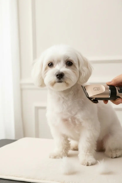 perro siendo cortado con cortapelos eléctrico para mascotas en casa sin estrés