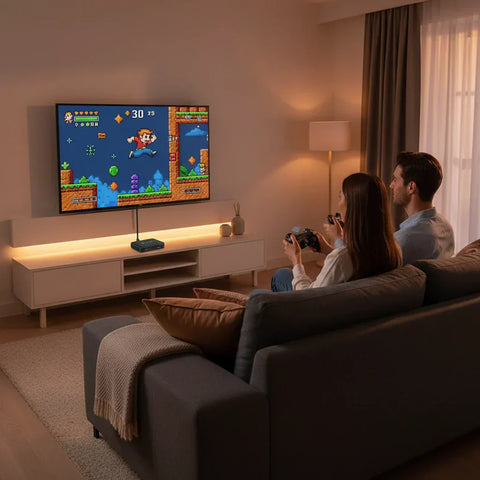 familia jugando con consola retro en televisión