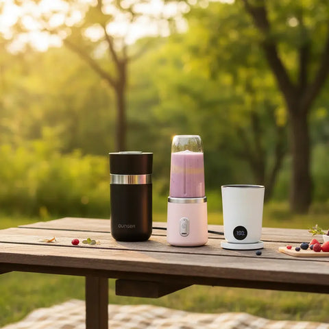 Licuadora portátil rosa con jarra de vidrio transparente y batido morado en mesa de madera para gadgets portátiles