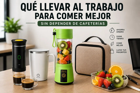 Licuadora portátil verde con contenedor transparente llena de frutas ideal para gadgets prácticos al llevar al trabajo