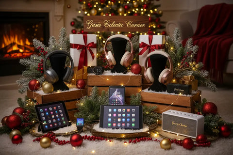 Auriculares de cuero negro con acentos plateados, regalo tecnológico ideal.