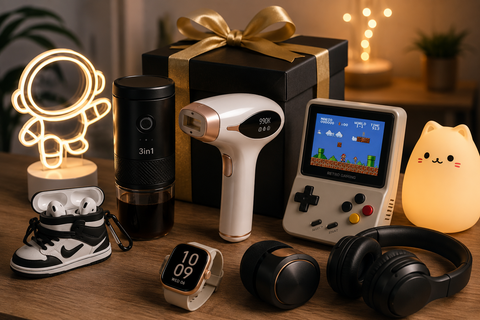 gadgets originales para regalar con consola retro, auriculares inalámbricos, lámpara LED y dispositivos tecnológicos
