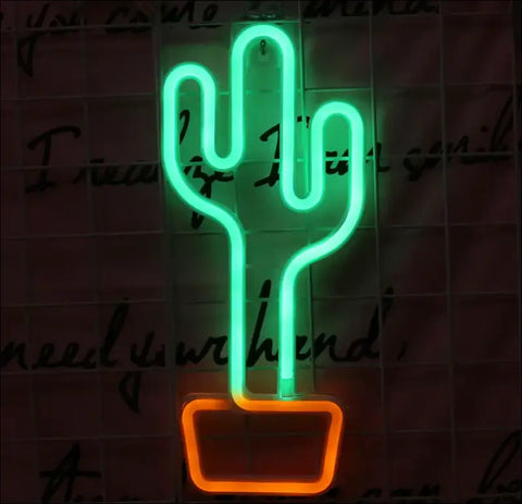 Señal de neón de cactus verde brillante en maceta naranja para cualquier espacio con iluminación LED