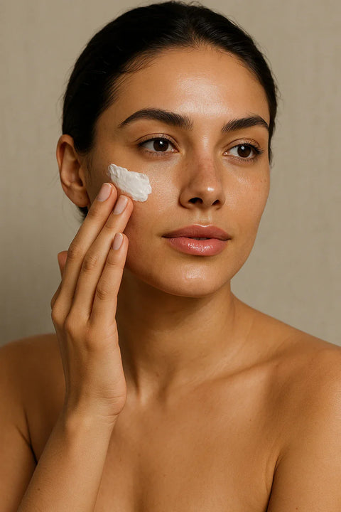 mujer aplicándose crema facial.