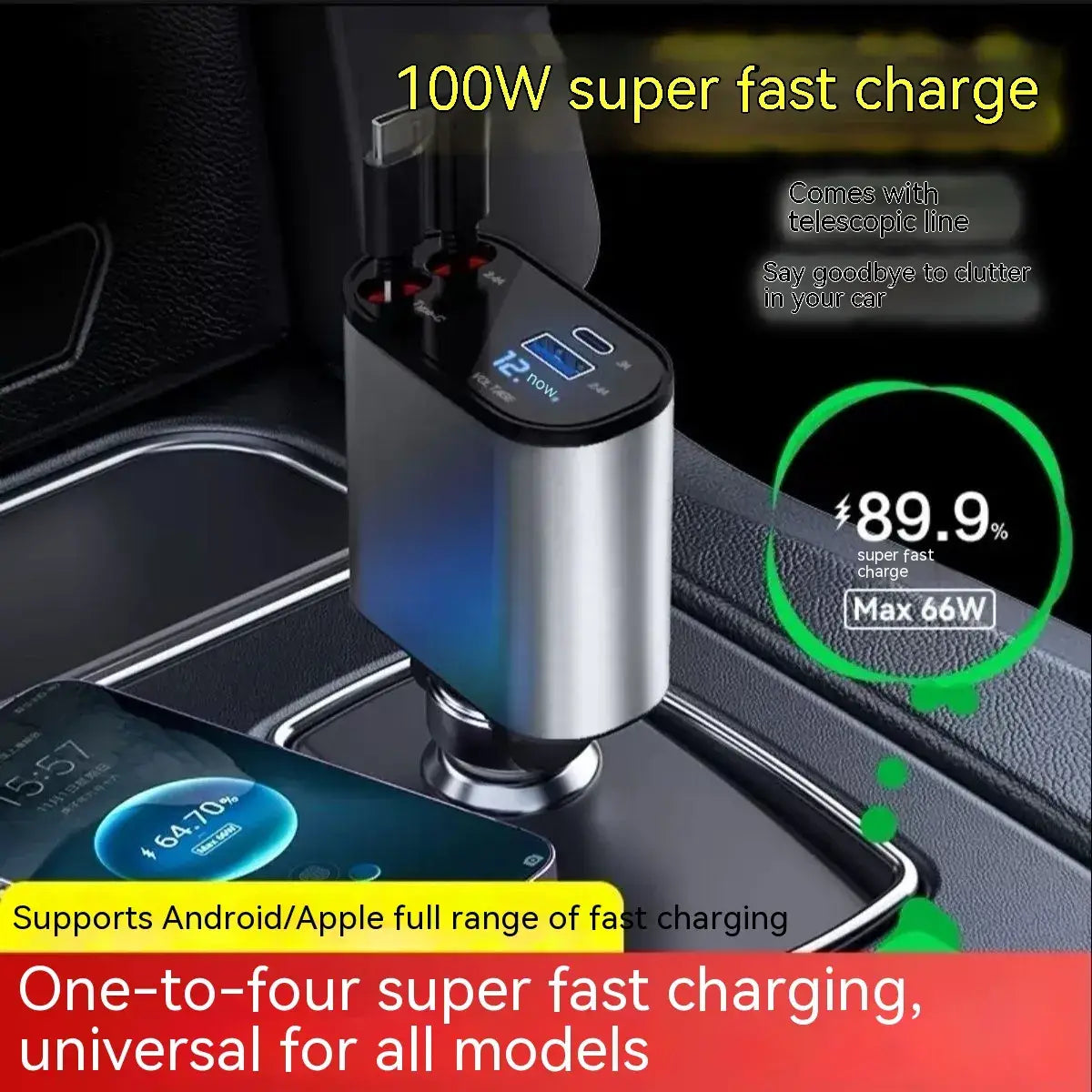 Cargador de coche de metal de 100 W carga súper rápida adaptador USB y tipo C para encendedor de cigarrillos de coche