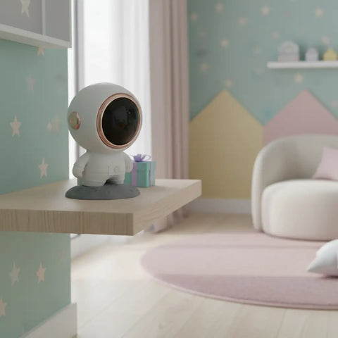 Altavoz bluetooth portátil con diseño de astronauta blanco, subwoofer bluetooth mini y luces led con base gris