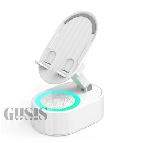 Soporte de teléfono blanco ajustable con base de carga inalámbrica para altavoz Bluetooth