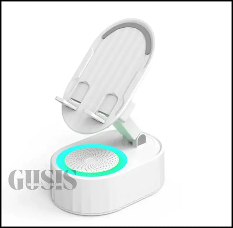 Soporte ajustable blanco para teléfono con base de carga inalámbrica y altavoz Bluetooth