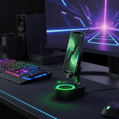 Altavoz Bluetooth negro con aro de luz verde junto a teclado y monitor en un setup gaming.