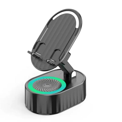 Soporte para teléfono negro con altavoz Bluetooth y iluminación LED